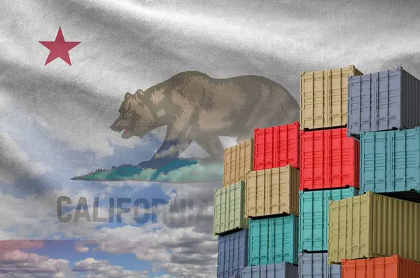 stock image California US state flag and big stack of shipping cargo containers in docks with sky background close up