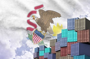 Illinois US state flag and big stack of shipping cargo containers in docks with sky background close up clipart