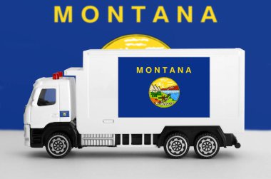 Montana eyaleti bayrağı beyaz minibüsün yan duvarında resmedilmiş. Nakliye ve yerel teslimat kavramı