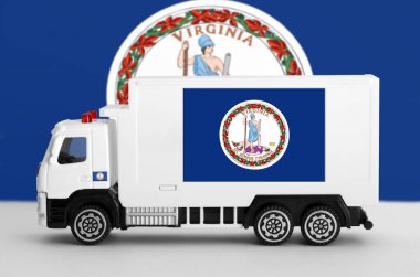 Virginia US state flag depicted on side wall of white delivery van close up. Shipping and local delivery concept clipart