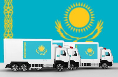 Kazakhstan flag depicted on side wall of white delivery van close up. Shipping and local delivery concept clipart