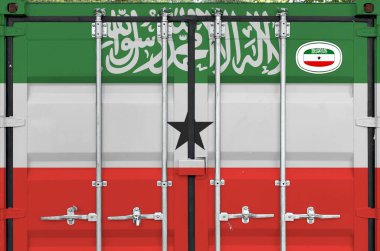 Somaliland flag depicted on metal doors of shipping cargo container outdoors in docks area close up clipart