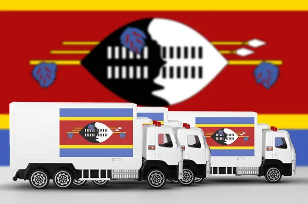 stock image Swaziland flag depicted on side wall of white delivery van close up. Shipping and local delivery concept