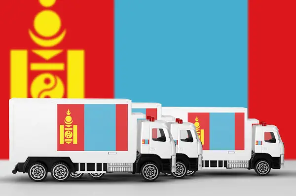 stock image Mongolia flag depicted on side wall of white delivery van close up. Shipping and local delivery concept