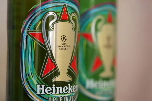 Stock image KYIV, UKRAINE - JULY 10, 2024 Bottle of Heineken beer close up. Special edition for UEFA European Championship League. Heineken Lager Beer is the flagship product of Heineken International