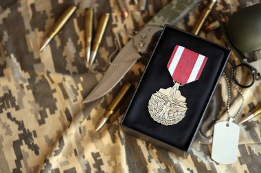 KYIV, UKRAINE - 10 Temmuz 2024 ABD Savunma Değerli Hizmet Madalyası. Birleşik Devletler askeri madalyası, kurdele ve broşla. El yapımı kağıt tiyatro dekorları yakın plan.
