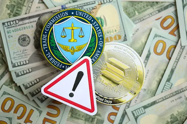 Stock image KYIV, UKRAINE - AUGUST 17, 2024 Solana SOL coin and US Federal Trade Commission sign on many USD dollar money bills close up