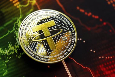 KYIV, UKRAINE - 17 AĞUSTOS 2024 Koyu kripto döviz dijital ticaret grafiği üzerindeki USDT paralar yeşil ve kırmızı renklerde kapanıyor