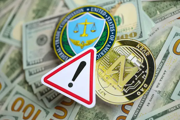 stock image KYIV, UKRAINE - AUGUST 17, 2024 NEAR coin and US Federal Trade Commission sign on many USD dollar money bills close up