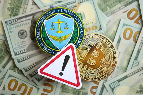 stock image KYIV, UKRAINE - AUGUST 17, 2024 Bitcoin BTC coin and US Federal Trade Commission sign on many USD dollar money bills close up