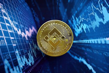 KYIV, UKRAINE - 17 AĞUSTOS 2024 Soyut kurgusal kripto para ticareti grafiği üzerinde Binance BNB madeni para