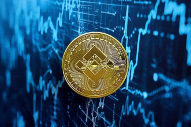 KYIV, UKRAINE - 17 AĞUSTOS 2024 Soyut kurgusal kripto para ticareti grafiği üzerinde Binance BNB madeni para