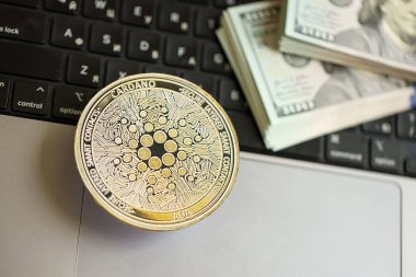 KYIV, UKRAINE - 17 AĞUSTOS 2024 Cardano ADA 100 dolarlık banknotlarla dizüstü bilgisayarı kapatın