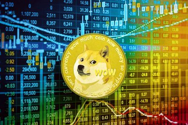 KYIV, UKRAINE - 17 AĞUSTOS 2024 DOGE Meme madeni para kripto para işlem grafiği üzerinde farklı renkte hesaplamalar yakın çekim