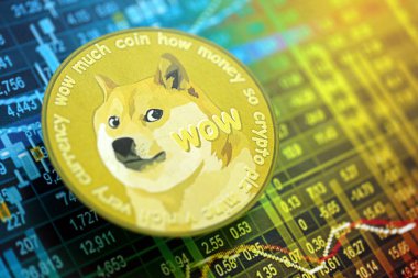KYIV, UKRAINE - 17 AĞUSTOS 2024 DOGE Meme madeni para kripto para işlem grafiği üzerinde farklı renkte hesaplamalar yakın çekim