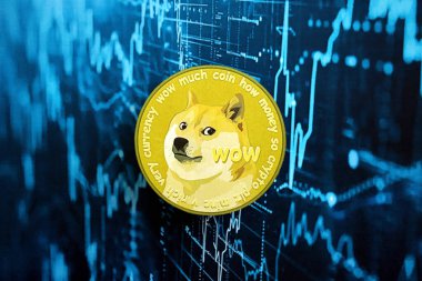 KYIV, UKRAINE - 17 AĞUSTOS 2024 DOGE Meme madeni para soyut kurgusal kripto döviz ticaret grafiğine mavi renkli yakın plan