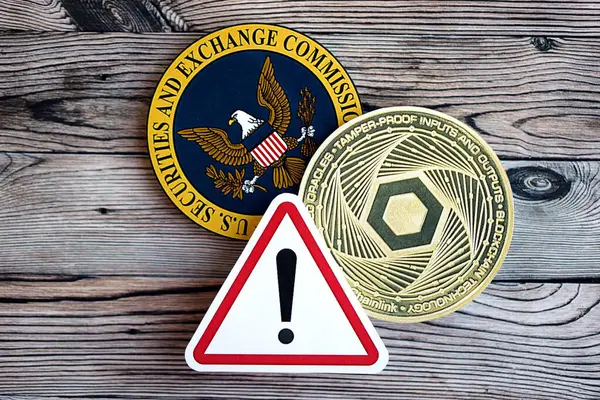 stock image KYIV, UKRAINE - AUGUST 17, 2024 Chainlink LINK coin and red paper attention sign with Securities and Exchange Commission on wooden background close up