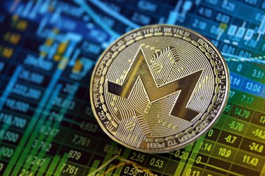 KYIV, UKRAINE - 17 AĞUSTOS 2024 Monero XMR para kripto döviz işlem grafiğinde farklı renkte hesaplamalarla yakın plan