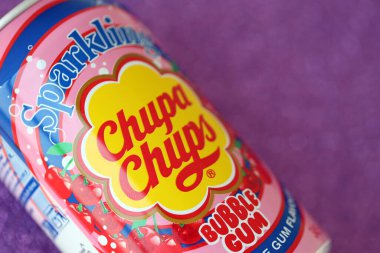 KYIV, UKRAINE - AUGUST 17, 2024 Chupa Chups bubble gum soft drink aluminium tin can with original logo close up clipart