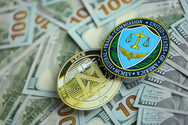 stock image KYIV, UKRAINE - AUGUST 17, 2024 NEAR coin and US Federal Trade Commission sign on many USD dollar money bills close up