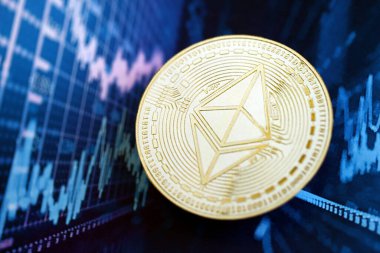 KYIV, UKRAINE - 17 AĞUSTOS 2024 Ethereum ETH mavi renkli soyut kurgusal kripto para işlem şeması