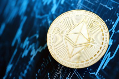 KYIV, UKRAINE - 17 AĞUSTOS 2024 Ethereum ETH mavi renkli soyut kurgusal kripto para işlem şeması