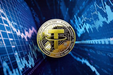 KYIV, UKRAINE - 17 AĞUSTOS 2024 Soyut kurgusal kripto para ticareti grafiğine bağlı USDT bozuk para