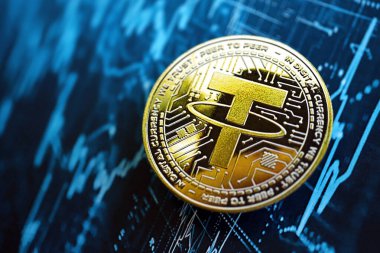 KYIV, UKRAINE - 17 AĞUSTOS 2024 Soyut kurgusal kripto para ticareti grafiğine bağlı USDT bozuk para