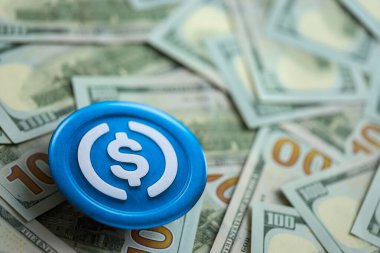 KYIV, UKRAINE - 17 AĞUSTOS 2024 USDC 100 ABD Doları tutarında sabit para