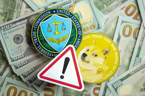 stock image KYIV, UKRAINE - AUGUST 17, 2024 DOGE Meme coin and US Federal Trade Commission sign on many USD dollar money bills close up