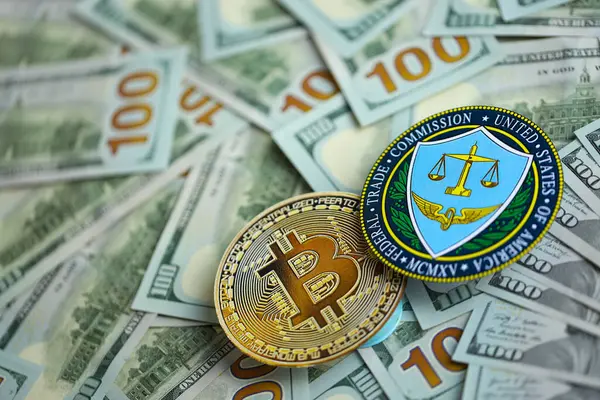 stock image KYIV, UKRAINE - AUGUST 17, 2024 Bitcoin BTC coin and US Federal Trade Commission sign on many USD dollar money bills close up