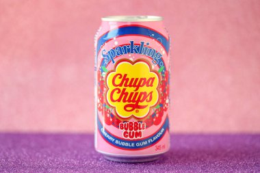 KYIV, UKRAINE - AUGUST 17, 2024 Chupa Chups bubble gum soft drink aluminium tin can with original logo close up clipart