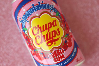 KYIV, UKRAINE - AUGUST 17, 2024 Chupa Chups bubble gum soft drink aluminium tin can with original logo close up clipart