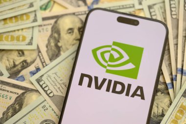 KYIV, UKRAINE - JANUARY 29, 2025 Nvidia corporation logo displayed on smartphone. Nvidia is a global leader in artificial intelligence hardware and software clipart