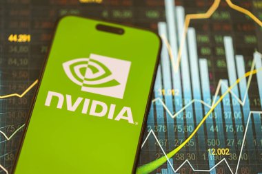 KYIV, UKRAINE - JANUARY 29, 2025 Nvidia corporation logo displayed on smartphone. Nvidia is a global leader in artificial intelligence hardware and software clipart