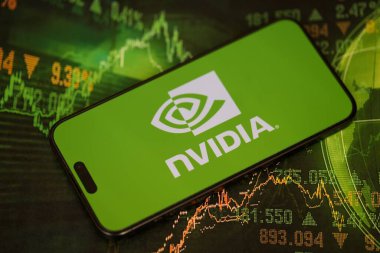 KYIV, UKRAINE - JANUARY 29, 2025 Nvidia corporation logotype showed on iPhone 15 smartphone display screen. Nvidia is a global leader in artificial intelligence hardware and software clipart