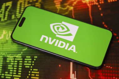 KYIV, UKRAINE - JANUARY 29, 2025 Nvidia corporation logotype showed on iPhone 15 smartphone display screen. Nvidia is a global leader in artificial intelligence hardware and software clipart