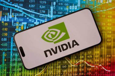 KYIV, UKRAINE - JANUARY 29, 2025 Nvidia corporation logotype showed on iPhone 15 smartphone display screen. Nvidia is a global leader in artificial intelligence hardware and software clipart