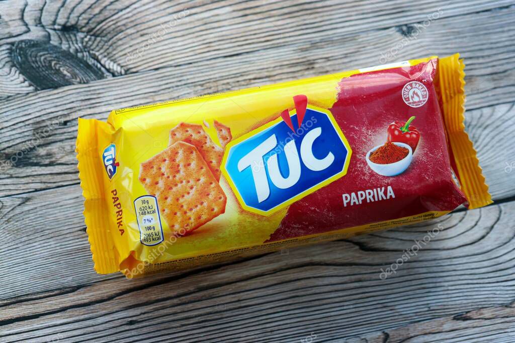 KYIV, UKRAINE - JANUARY 29, 2025 Tuc snack pack on bright flat background. TUC is a brand of snack biscuit marketed by Mondelez International