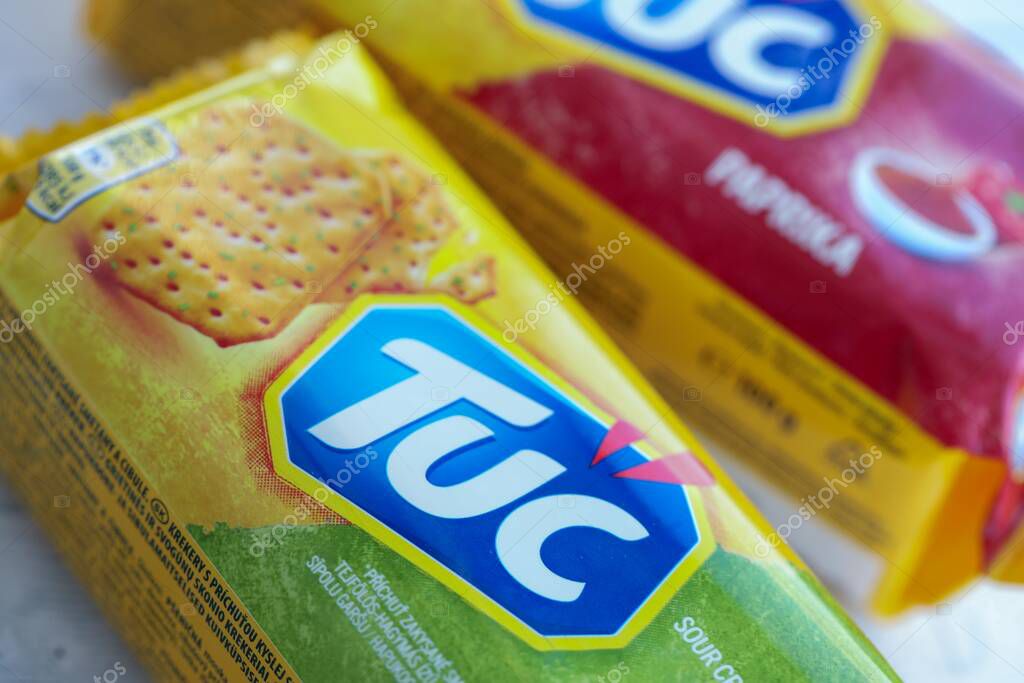 KYIV, UKRAINE - JANUARY 29, 2025 Tuc snack pack on bright flat background. TUC is a brand of snack biscuit marketed by Mondelez International