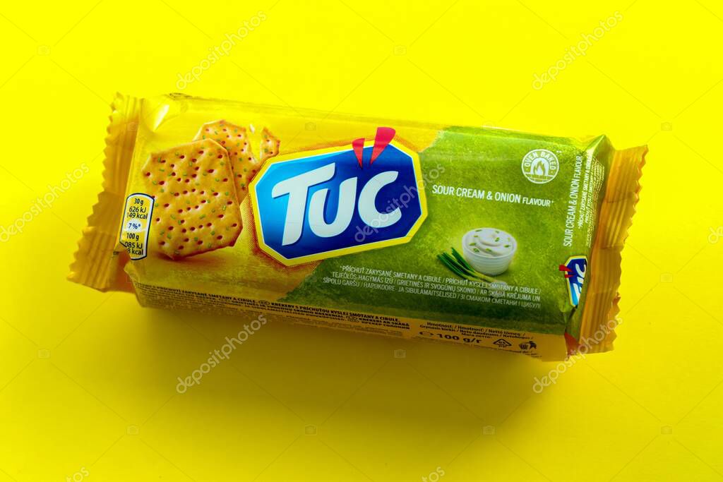 KYIV, UKRAINE - JANUARY 29, 2025 Tuc snack pack on bright flat background. TUC is a brand of snack biscuit marketed by Mondelez International