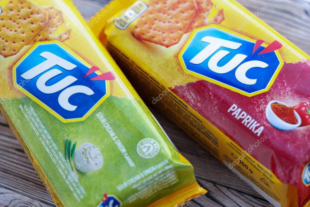 KYIV, UKRAINE - JANUARY 29, 2025 Tuc snack pack on bright flat background. TUC is a brand of snack biscuit marketed by Mondelez International