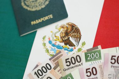 Meksika pezosu büyük miktarda para ve pasaport Meksika bayrağına yakın duruyor. Finans ve bankacılık kavramı