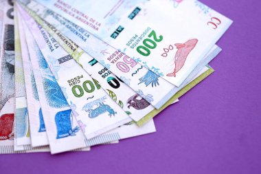 Arjantin pezosu büyük miktarda para mor renkli masaya yakın duruyor. Finans ve bankacılık kavramı