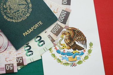 Meksika pezosu büyük miktarda para ve pasaport Meksika bayrağına yakın duruyor. Finans ve bankacılık kavramı