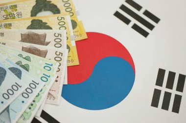 Güney Kore büyük miktarlarda para kazandı. Güney Kore bayrağına yakın duruyor. Finans ve bankacılık kavramı