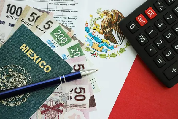 Meksika pezosu para faturaları kalem, hesap makinesi, pasaport ve vergi formlarıyla dolu. Finans ve bankacılık kavramı