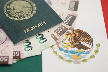 Meksika pezosu büyük miktarda para ve pasaport Meksika bayrağına yakın duruyor. Finans ve bankacılık kavramı