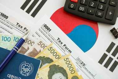 Güney Kore büyük miktarda para kazandı. Masada kalem, hesap makinesi, pasaport ve vergi formları var. Vergi ödeme ve muhasebe kavramı