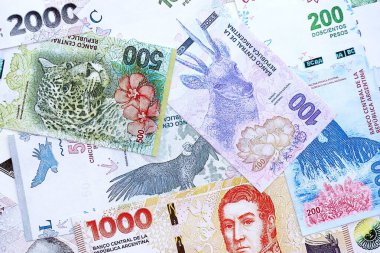 Arjantin pezosu büyük miktarlarda para beyaz masada yakın planda yatıyor. Finans ve bankacılık kavramı